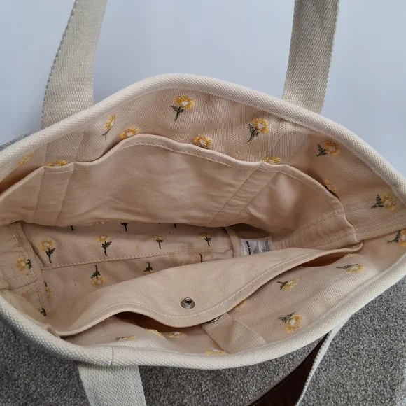 Lands' End Cream Canvas Tote with Yellow Flower Embroidery and Brown Trim - Picture 6 of 8